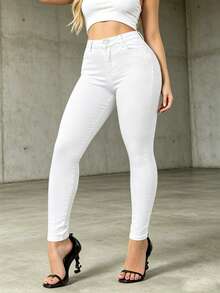 Women's Mid Waist Stretchy Skinny Jeans, Light Wash Slim Fit Denim Pants With Pockets, Sexy Casual Everyday Trousers - 白色 - 查看 1