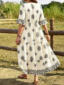 EMERY Vestido casual de vacaciones con estampado geométrico de talla - Albaricoque - Ver 2