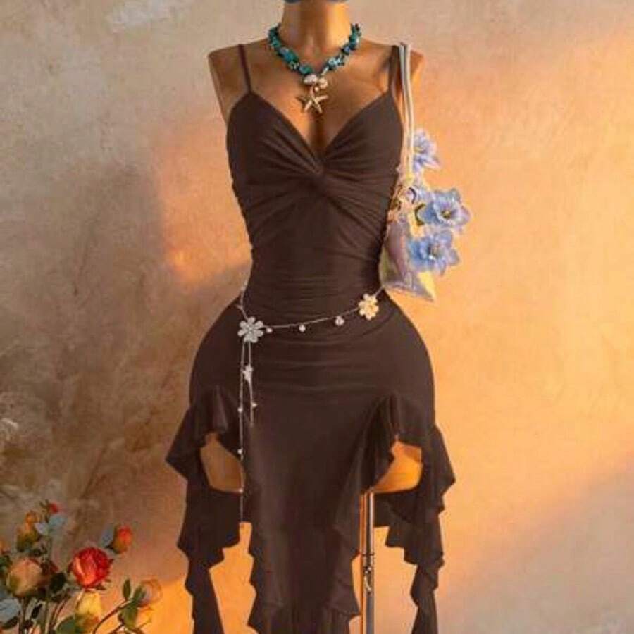 YijiaNvz Vestido midi de mujer de vacaciones informal de unicolor con tirantes de espagueti y bajo asimétrico retorcido - Café integral - Ver 1