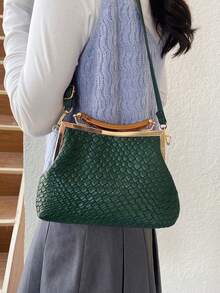 Bolsa Transversal de Couro PU com Estampa de Poá Redonda para Mulheres, Bolsa Mini Estilo Vintage com Fecho de Fivela e Alça de Ombro Ajustável, Bolsa Tote Leve de Cor Sólida com Forro de Poliéster, Estilo Casal - Verde - Visão 4