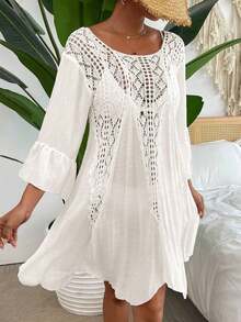 Swim Vcay Vestido cover up de croché en contraste de manga con volante - Blanco - Ver 3