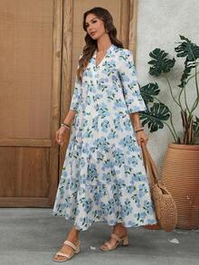 Faunlyn Vestido casual de mujer con estampado floral, cuello en V y mangas acampanadas para vacaciones - Multicolor 3 - Ver 5