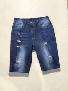 Plus Size Women's Cuffed Distressed Denim Jeans, Suitable For Work And Casual Occasions Summer - 藍色 - 查看 6