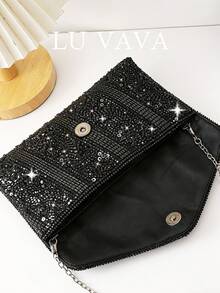 奢華珠飾手拿包 - LU VAVA 手工金色亮片刺繡信封包，附可拆卸鏈條肩帶，婚禮用斜背晚宴包 - 黑色 - 查看 4