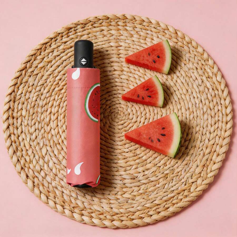 Automatic Folding Umbrella With Fruit Design, 8 Ribs, UV Protection For Sun And Rain - Red - View 1