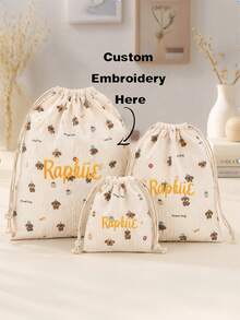 Customized Embroidered Pink Bow Print Travel Cosmetic Drawstring Pouch Makeup Bag Lingerie Organizer Sanitary Napkin Bag Organizer Set, Vanity - Brown - View 1