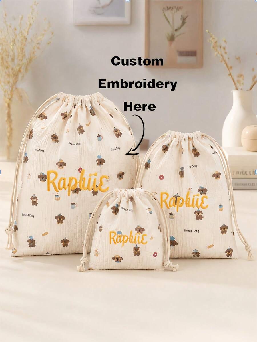 Customized Embroidered Pink Bow Print Travel Cosmetic Drawstring Pouch Makeup Bag Lingerie Organizer Sanitary Napkin Bag Organizer Set, Vanity - Brown - View 1