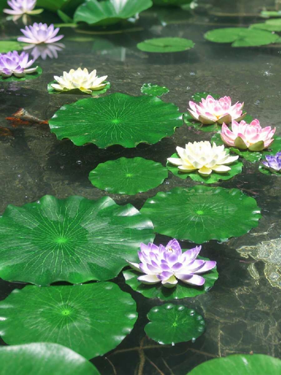 3件套人造荷叶漂浮装饰,3种尺寸逼真泡沫荷叶和花朵装饰,适用于鱼塘、水族箱、水景、家居装饰 - 人造荷葉 - 查看 1