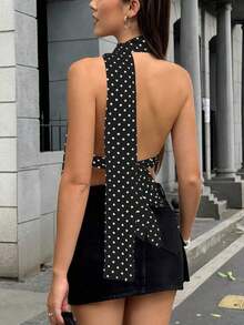 Sundraya Women's Sexy Polka Dot Graphic T-Shirt With Laces - 黑色 - 查看 5