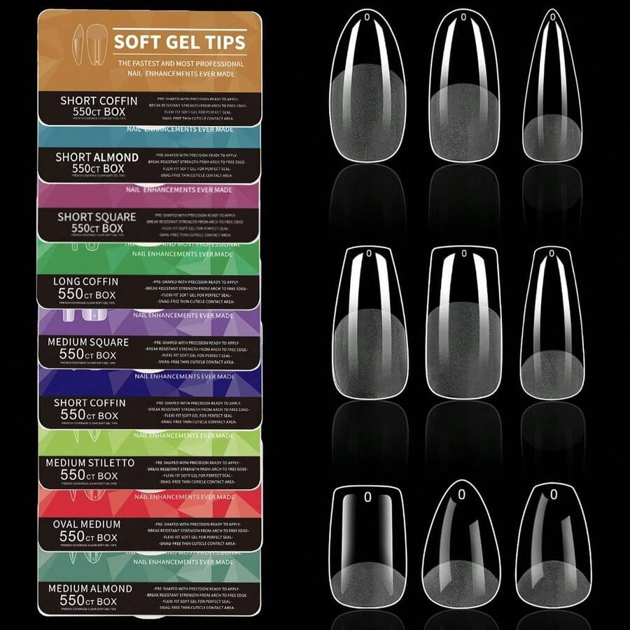 550PCS Almond Gel Nails Tips Pre Etched False Nails Clear Full Covers Soft Acrylic Press On Nails For Manicures Cosmetic Tools