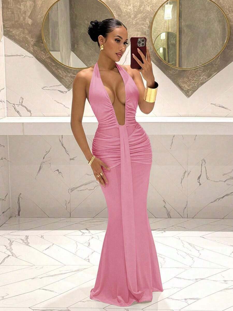 2026 Nuevo Vestido de sirena de cuello en V profundo elegante, adecuado para fiesta, cumpleaños, bar, discoteca, San Valentín, Halloween, Navidad - Marrón - Rosa - Ver 1