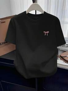 Camiseta de mujer casual, moderna y versátil para el hogar, cuello redondo, ropa casual de moda, camiseta con estampado de lindo lazo rosa, camiseta cómoda, versátil y fácil de usar con cuello redondo, adecuada para usar en primavera y verano, adecuada para cualquier ocasión - Negro - Ver 6
