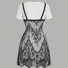 MOD Vestido mini de verano de moda con cuello redondo y manga corta, con parches de encaje - Blanco y Negro - Ver 8