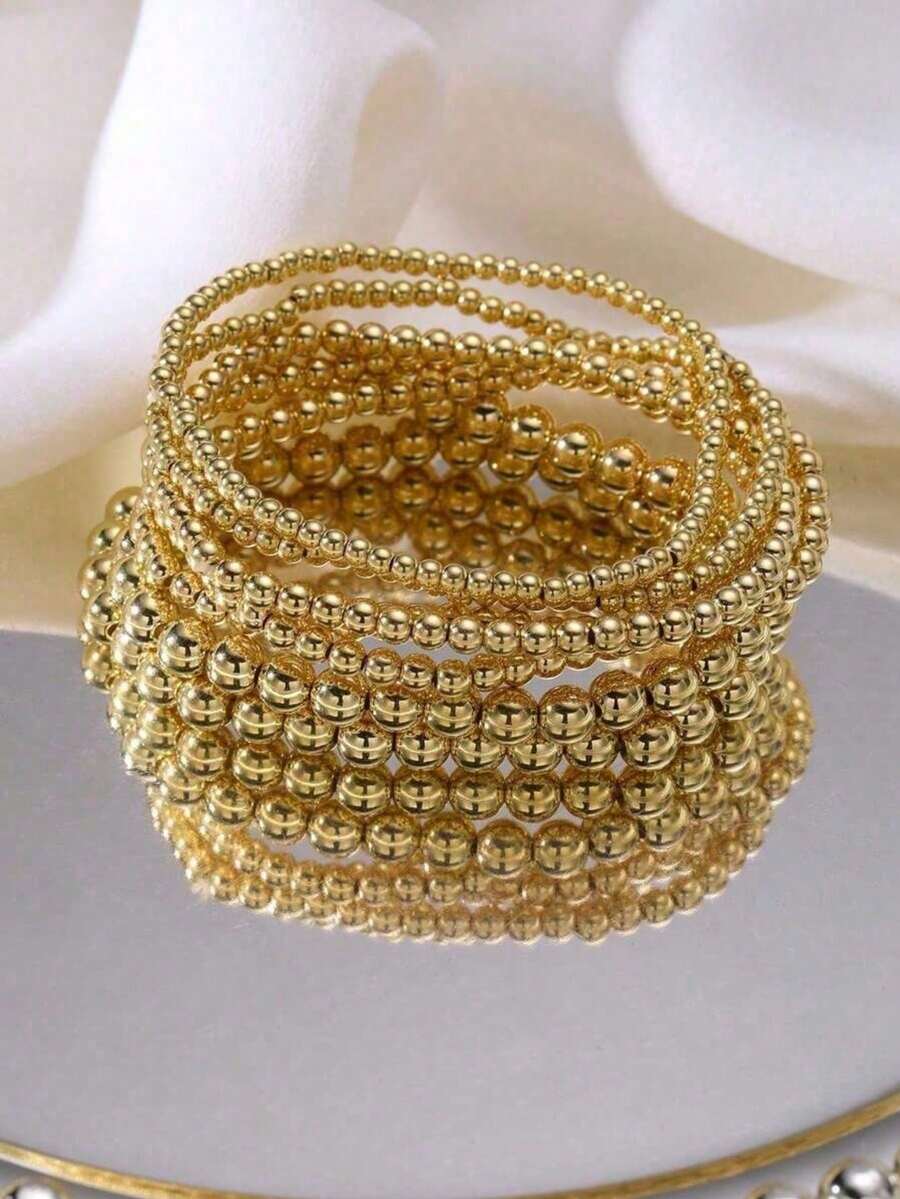 7pcs/Set Minimalist Beaded Bracelet Set For Women, Elegant Gift For Holidays & Dates, Versatile Daily Accessory, Simple Jewelry Design - Yellow Gold - View 1