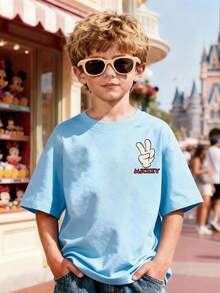 Disney Boys Super Cool Mickey Mouse Graphic Print T-Shirt, Adorable 4 Panel Cartoon Graphic Short Sleeve T-Shirt, Casual Crew Neck Top For Boys, Perfect For Theme Park Trips And Everyday Wear - Baby Blue - View 2
