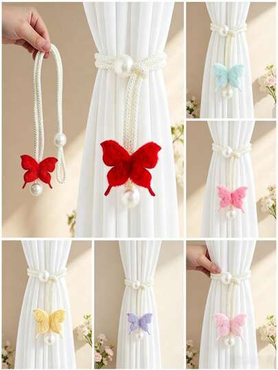 2 piezas de sujetacortinas de mariposa de peluche con perlas, sujetacortinas de punto suave, sujetacortinas decorativos para ventana para dormitorio, boda y decoración del hogar, disponibles en 5 colores