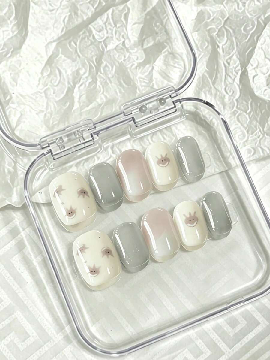 10片中短款粉綠水母美甲貼片，柔和漸層風，水母圖案搭配紮染效果，透明裸色光澤，適合通勤、約會、生日派對，含果凍膠與指甲锉 - 彩色 - 查看 1