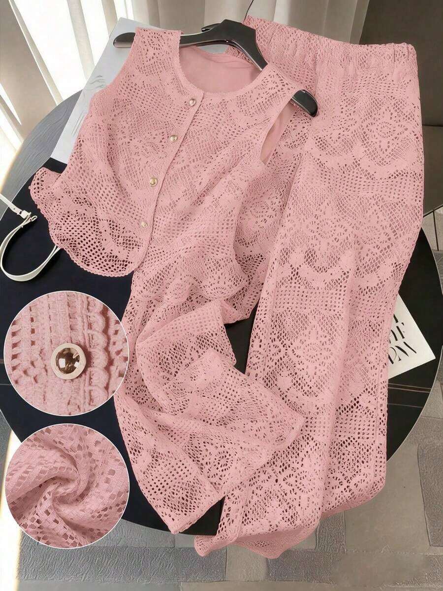 CURVE Conjunto de 2 piezas de encaje elegante y casual en tallas grandes para mujer - Rosa vieja - Ver 1
