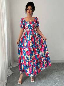 Women's Dress With Petal Sleeve Design, Square Neck And Fitted Waist With Print - 灰色 - 查看 7
