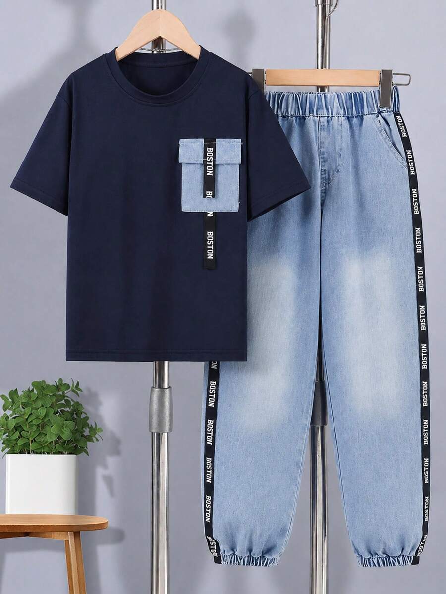 Tween Boys Casual Printed Ribbon Pocket Short Sleeve Top And Ribbon Pants Set, Spring/Summer Daily Wear - Navy Blue - View 1