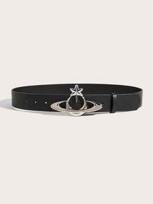 1件女款復古星形圓形扣黑色腰帶，適合日常穿搭 - 黑色 - 查看 2
