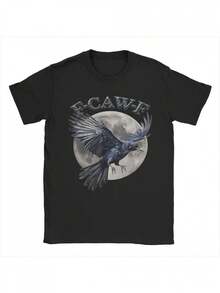 Camiseta Divertida de Cuervo "Caw-Caw-F" y Luna para Hombres y Mujeres - Algodón Puro, Corte Holgado, Estampado de Ave, Ropa Casual para Todas las Estaciones, Exteriores, Fiestas y Uso Diario - Negro - Ver 1