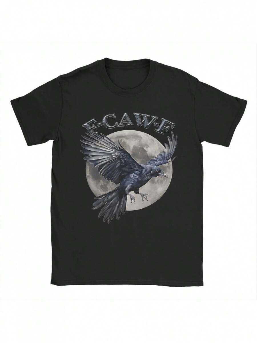 Camiseta Divertida de Cuervo "Caw-Caw-F" y Luna para Hombres y Mujeres - Algodón Puro, Corte Holgado, Estampado de Ave, Ropa Casual para Todas las Estaciones, Exteriores, Fiestas y Uso Diario - Negro - Ver 1