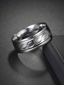 1pc 8MM Fashionable Engraved Stainless Steel Ring, Unisex Suitable For Wedding, Daily Wear, Vacation - Geometric Carving - View 2