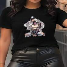 Camiseta informal de mujer de algodón con cuello redondo y manga corta, con estampado gráfico. - Negro - Ver 1