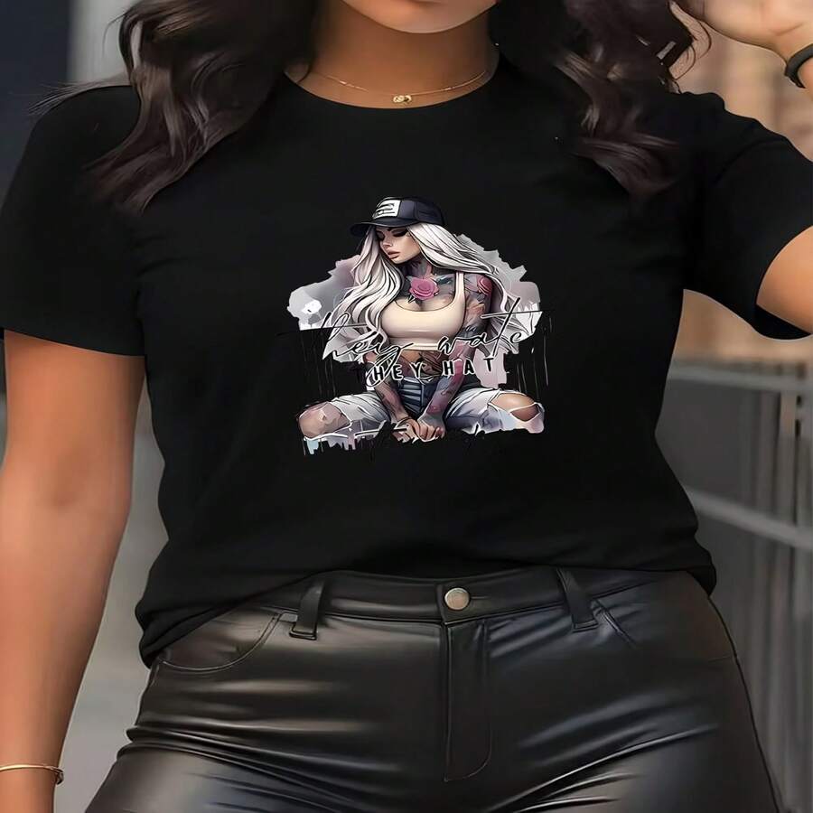 Camiseta informal de mujer de algodón con cuello redondo y manga corta, con estampado gráfico. - Negro - Ver 1