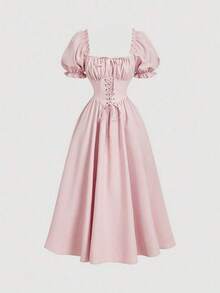 MOD Vestido de cuello cuadrado con mangas de pétalo y cintura ceñida en color rosa - Rosa - Ver 3