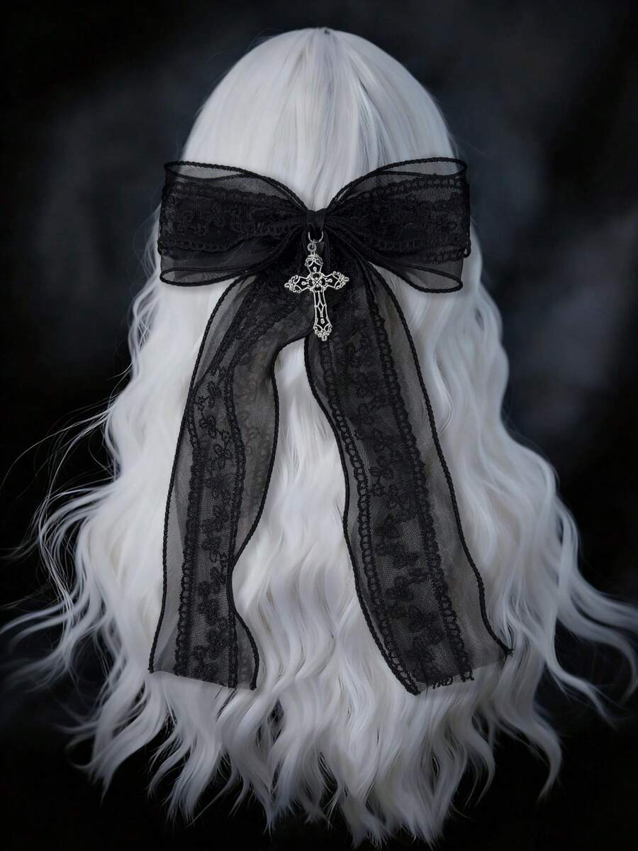 1pc Gothic Cross Decor Accessory, Long Ribbon Mesh Bow Hair Clip, Metal Alligator Clip, For Women,Hair Claws,Bobby Pin - Black - View 1