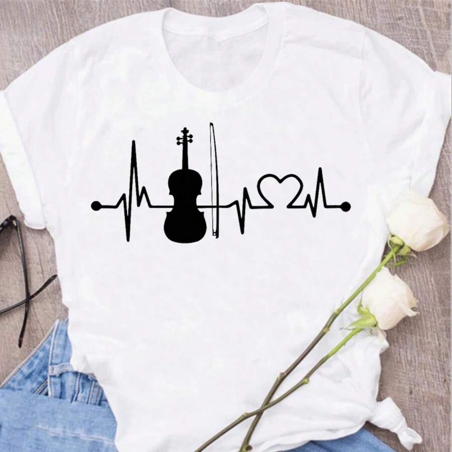 Women's Funny Harajuku Musical Note T-Shirt, Musical Tops, Short Sleeve Black T-Shirt, Casual Women's T-Shirts - 白色 - 查看 1