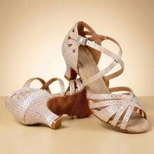 New Arrival Dance Shoes, Women's Apricot Dance Shoes, Latin Dance Performance Shoes, Cha Cha Shoes, Adult Women's Dance Shoes, High Heels, Party Fabric Rhinestone Dance Shoes, 5.5cm Heel, Suitable For All Seasons - Apricot - View 2