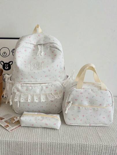 3-Pack Nylon Cream Style Lace Bowknot Star Print Backpack Set, Foldable Multi-Pocket Large Capacity Zipper Backpack, Suitable For Teenagers, High School Studeege Students, Women, Daily Use, Commuting, Travel, Valentine's Day