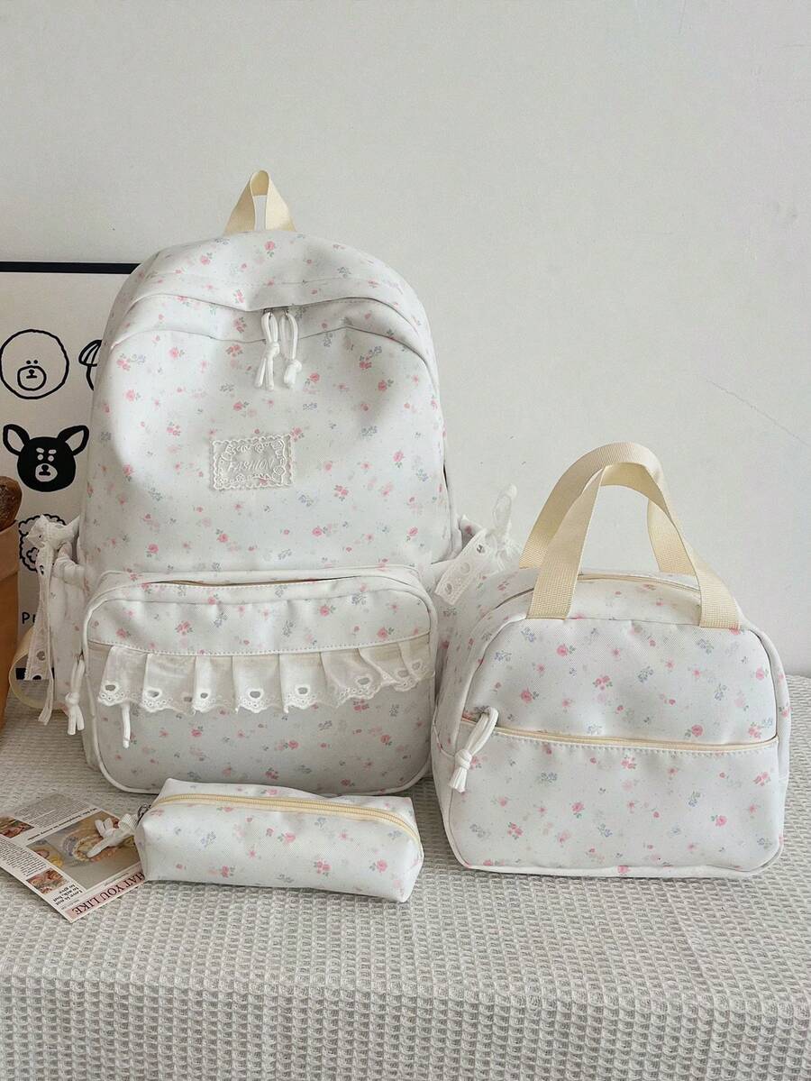 3-Pack Nylon Cream Style Lace Bowknot Star Print Backpack Set, Foldable Multi-Pocket Large Capacity Zipper Backpack, Suitable For Teenagers, High School Studeege Students, Women, Daily Use, Commuting, Travel, Valentine's Day