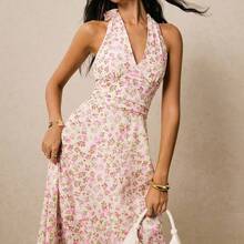 Vestido maxi con estampado floral romántico, escote halter y cintura fruncida, adecuado para vacaciones, bodas, fiestas de verano. Vestido de mujer con estampado floral pequeño, escote halter y cintura fruncida, ideal para verano, playa, primavera, Pascua, eventos. - Multicolor - Ver 11