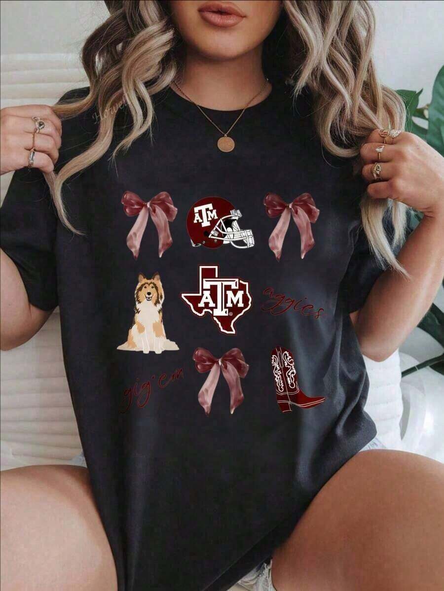 Texas A&M Aggies Football Dog Boots Bow Women's Fashionable Print Casual T-Shirt Suitable For All Seasons
-White - màu đen - Xem 1