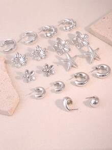 6/18pcs Silver Tone Large Starfish, Assorted Flower, Smooth Water Drop & C-Shaped Twist Hoop Earrings Set, Best Gift For Friends & Family - Silver - View 2