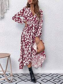 xheBreezaya Vestido largo estampado con mangas de farol, bajo con volantes y cinturón para mujerxhe - Rosa Fucsia - Ver 3