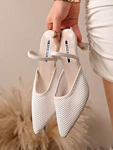 New Chinese Style White High Heel Mules, Pointed Toe Lace Embroidery Convertible Sandals For Women - Beige - View 5