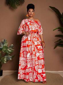 Vestido casual de manga corta con estampado de moda para uso diario en tallas grandes - Naranja - Ver 5