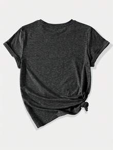 Camiseta Gótica de Mujer con Estampado Graffiti - Diseño de Brazo Tatuado y Cruz, Manga Corta en Contraste y Blanco, Cuello Redondo para Primavera/Verano, Ropa Casual No Transparente - Gris Oscuro - Ver 2