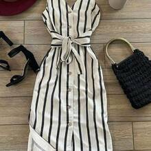 Vestido midi de mujer de un solo pecho con cinturón y rayas, elegante y de moda - Blanco y Negro - Ver 4