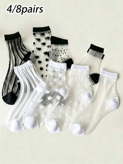 4 Pairs/8 Pairs Women Black & White Series Mesh Mid-Calf Socks, Sheer Crystal Silk Casual Socks, Spring Summer Thin Style
