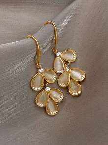 1 par de pendientes con piedra de ojo de gato con forma de pétalo, pendientes con hoja de rhinestone - Amarillo Oro - Ver 5
