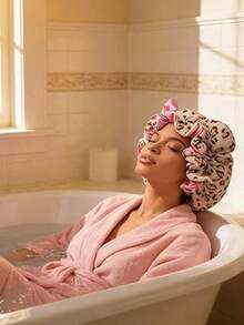 1pc Luxury Leopard Print Pink Teddy Fleece Sleep Cap, Adjustable Satin Lining Anti-Frizz Hat, Comfortable Stretch, Suitable For Natural Curly Hair - 粉紅色+棕色 - 查看 6