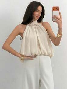 Elegant Sleeveless Solid-Color Blouse With A High Neck And Cropped Length, Versatile For Summer, Beach, Vacation, Bohemian Style, Tropical, Valentine's Day, Back To School For Women - 白色 - 查看 6