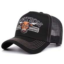 1 pieza Gorra de camionero con bordado de cabeza de toro occidental "STATION HERITAGE", gorra de béisbol con parte trasera de malla transpirable, gorra de estilo vaquero ajustable - A - Ver 15