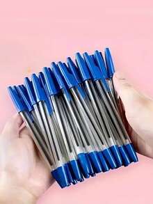 Quick-Dry Ballpoint Pen - Made Of Polypropylene Fiber Barrel, With Removable Cap, Medium Tip, Smooth Writing, Suitable For Office And School, For Ages 14 And Up, Available In Black, Red And Blue, Back To School - Multicolor - View 7